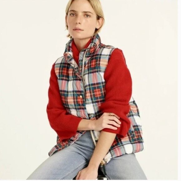 J Crew Puffer Vest Primaloft in Snowy white Stewart Red Green Taran Plaid Size S - Picture 1 of 5